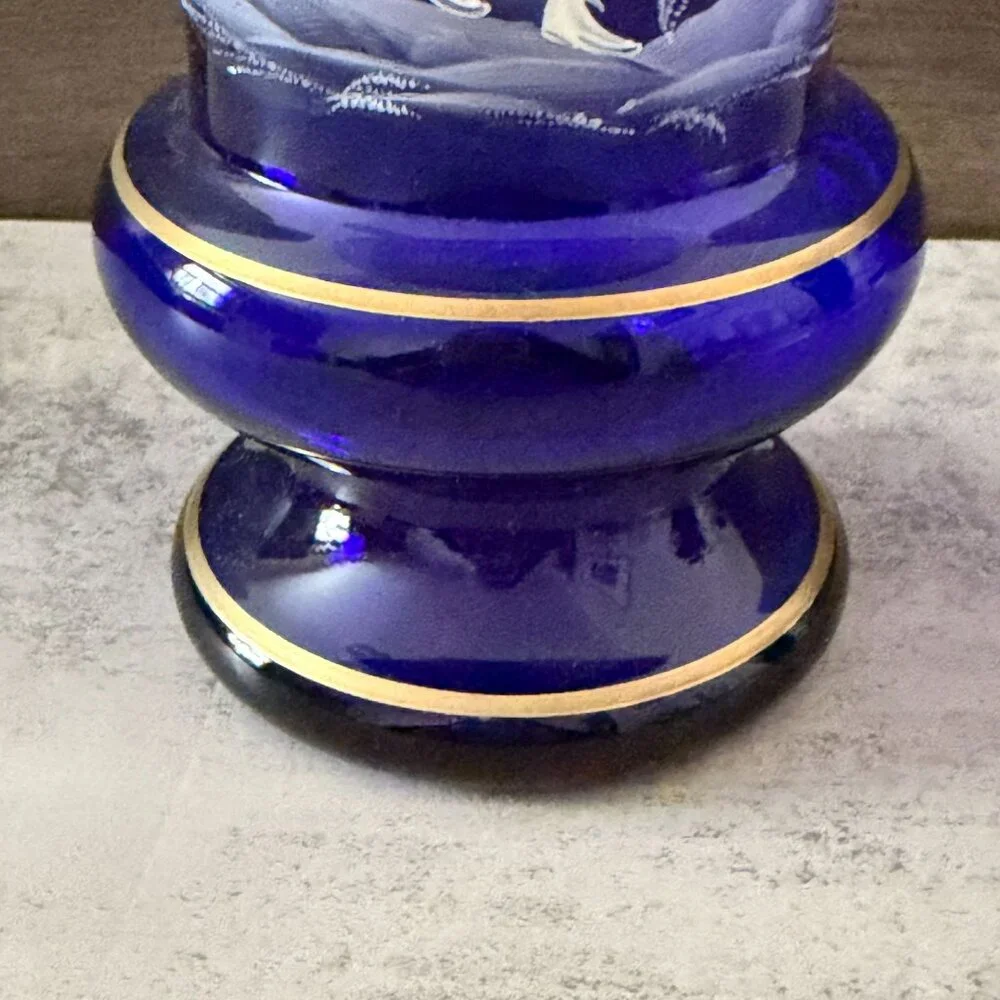 Antique Mary Gregory Cobalt Blue White Enamel Hand Painted Child Glass Vase 8